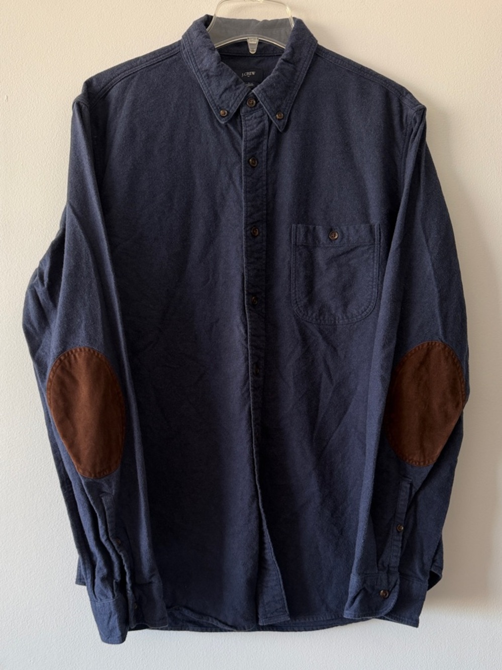 J.Crew Men's Blue Cotton Flannel Button-Down Shirt Suede Elbow Patches Large L